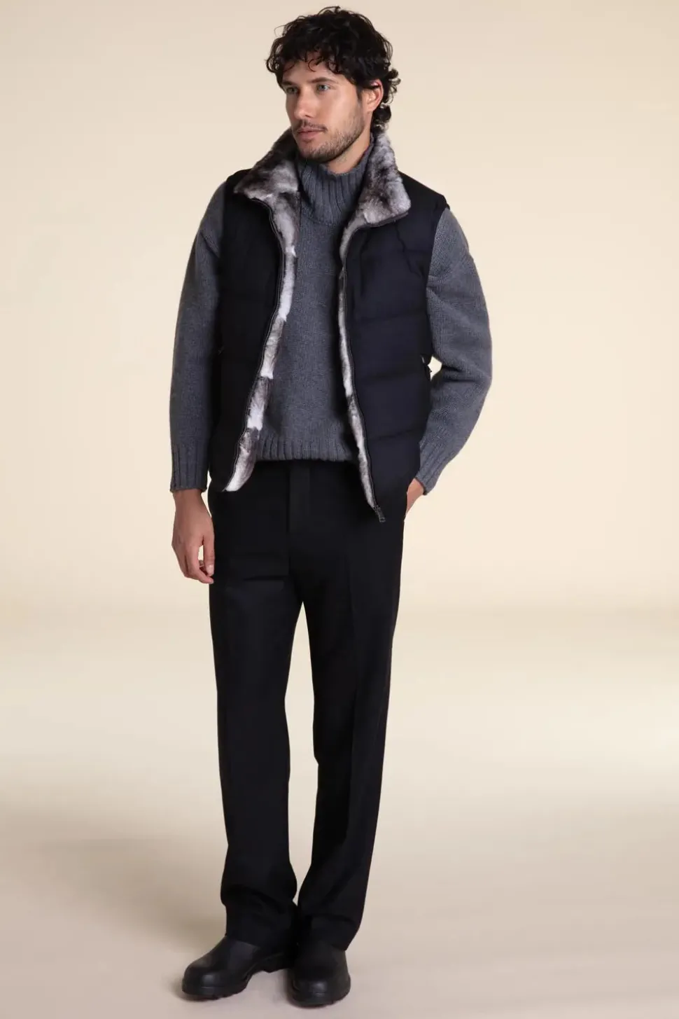 Black and grey fur vest