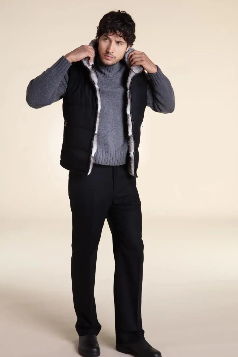 Black and grey fur vest