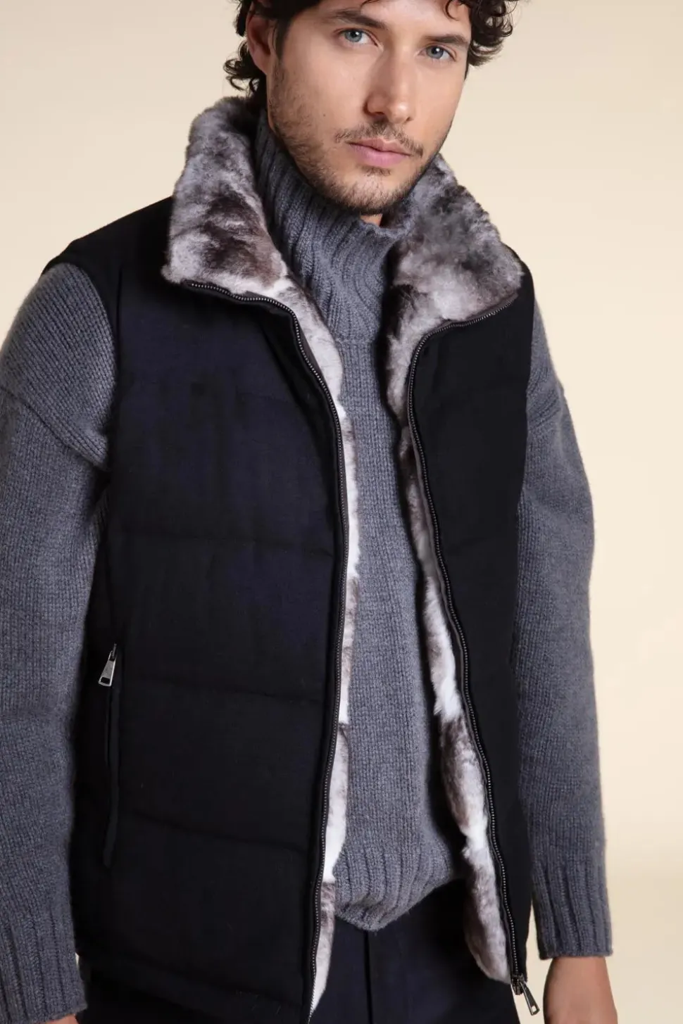 Black and grey fur vest