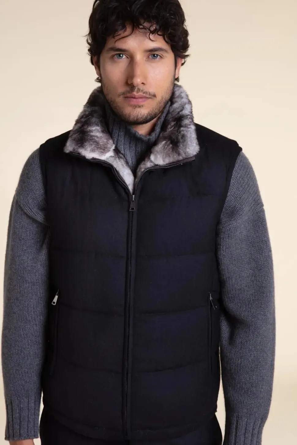 Black and grey fur vest