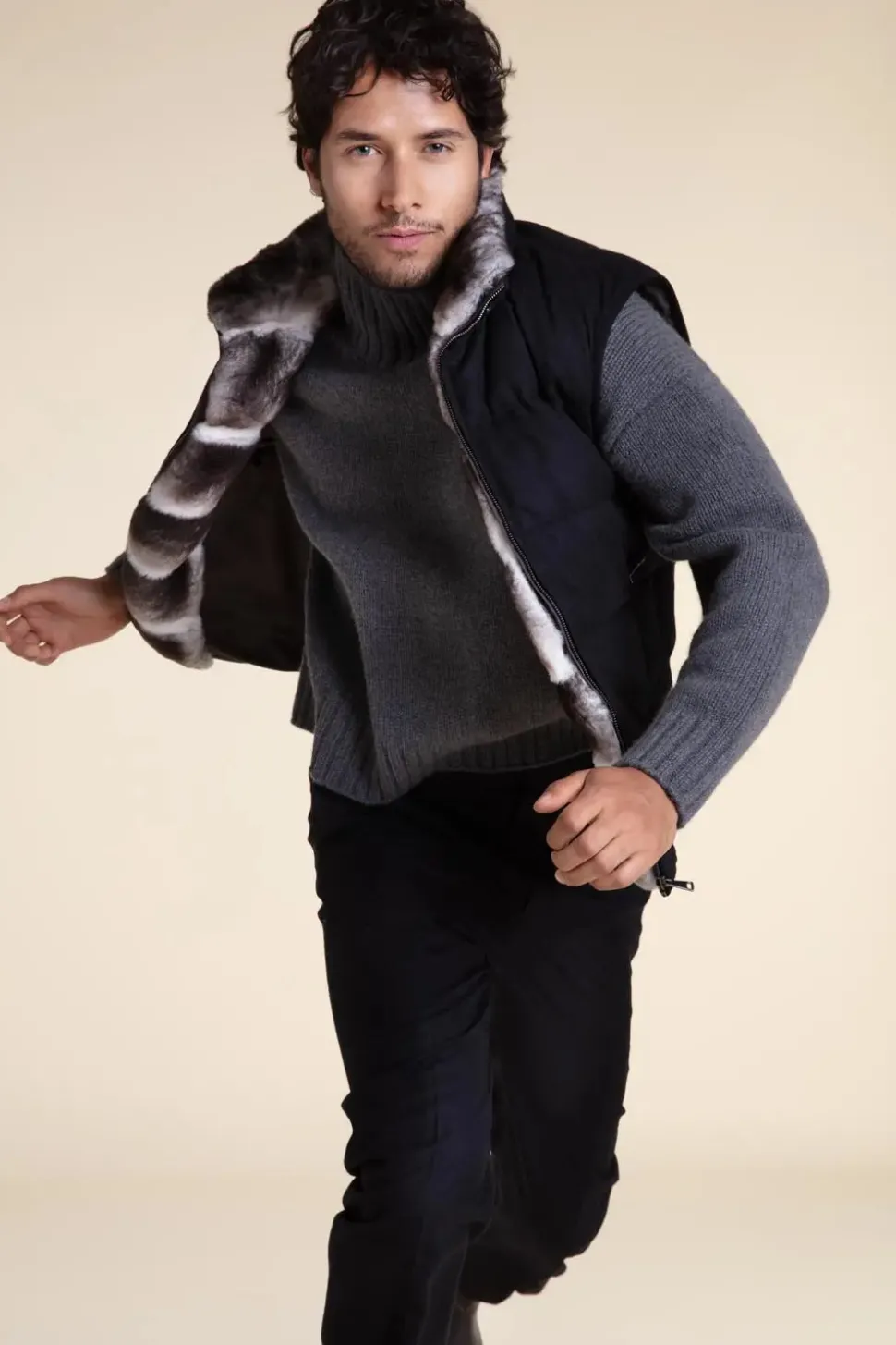 Black and grey fur vest