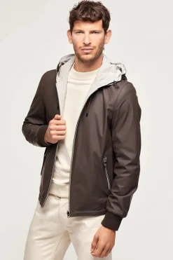 Brown leather jacket with hood