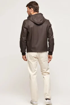 Brown leather jacket with hood