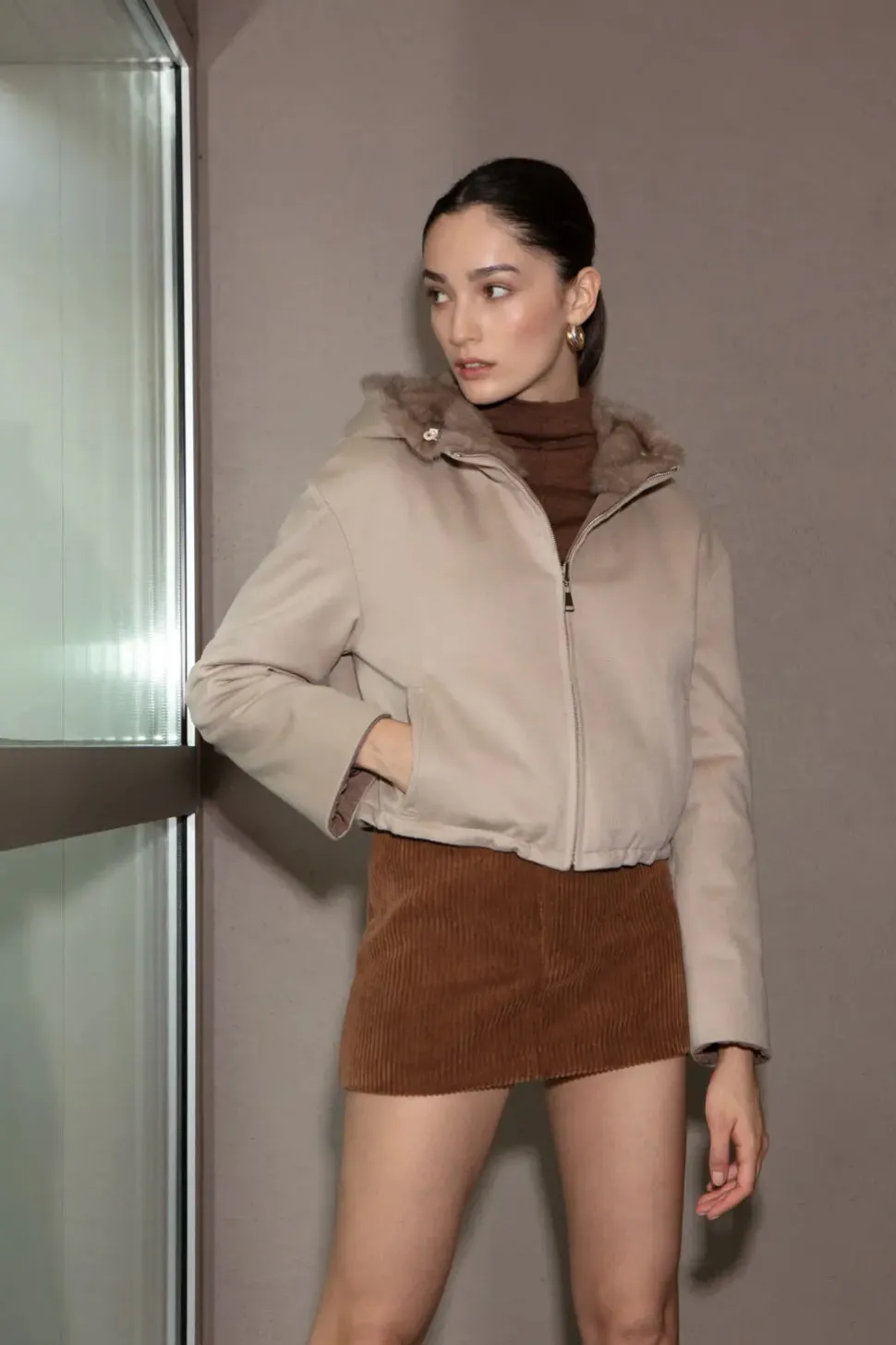 Cropped puffer jacket with fur hood