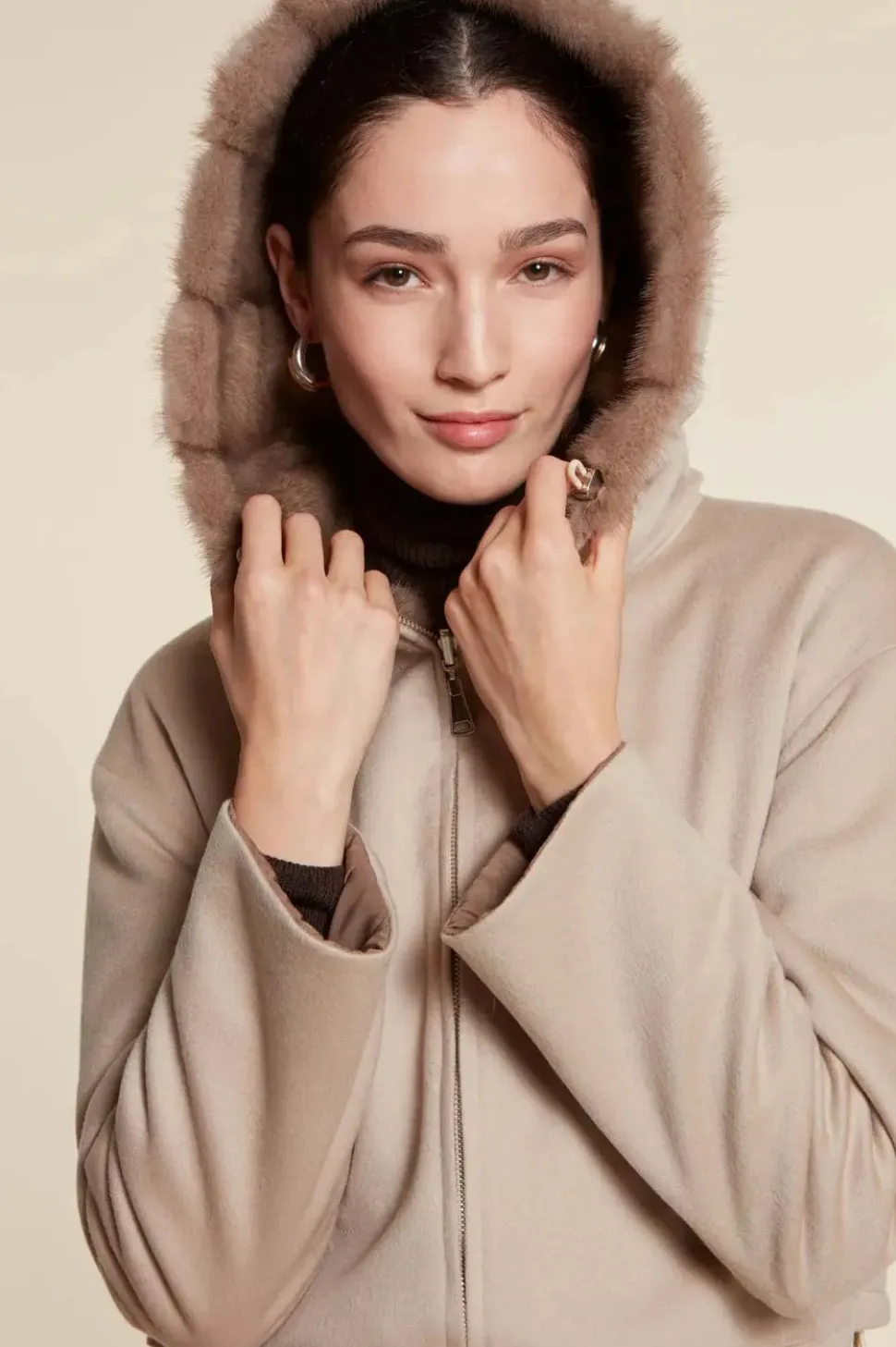 Cropped puffer jacket with fur hood