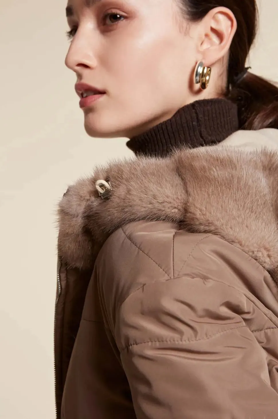 Cropped puffer jacket with fur hood