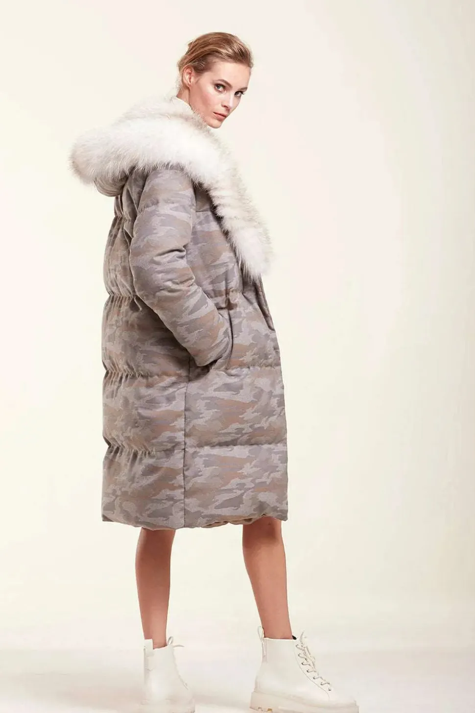 Down coat with fur hood