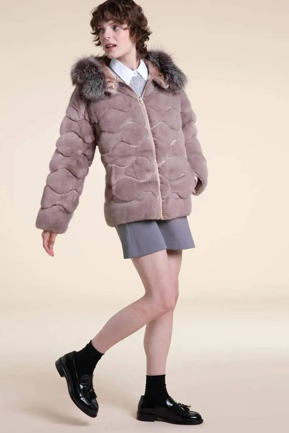 Fur mink jacket with fox fur hood