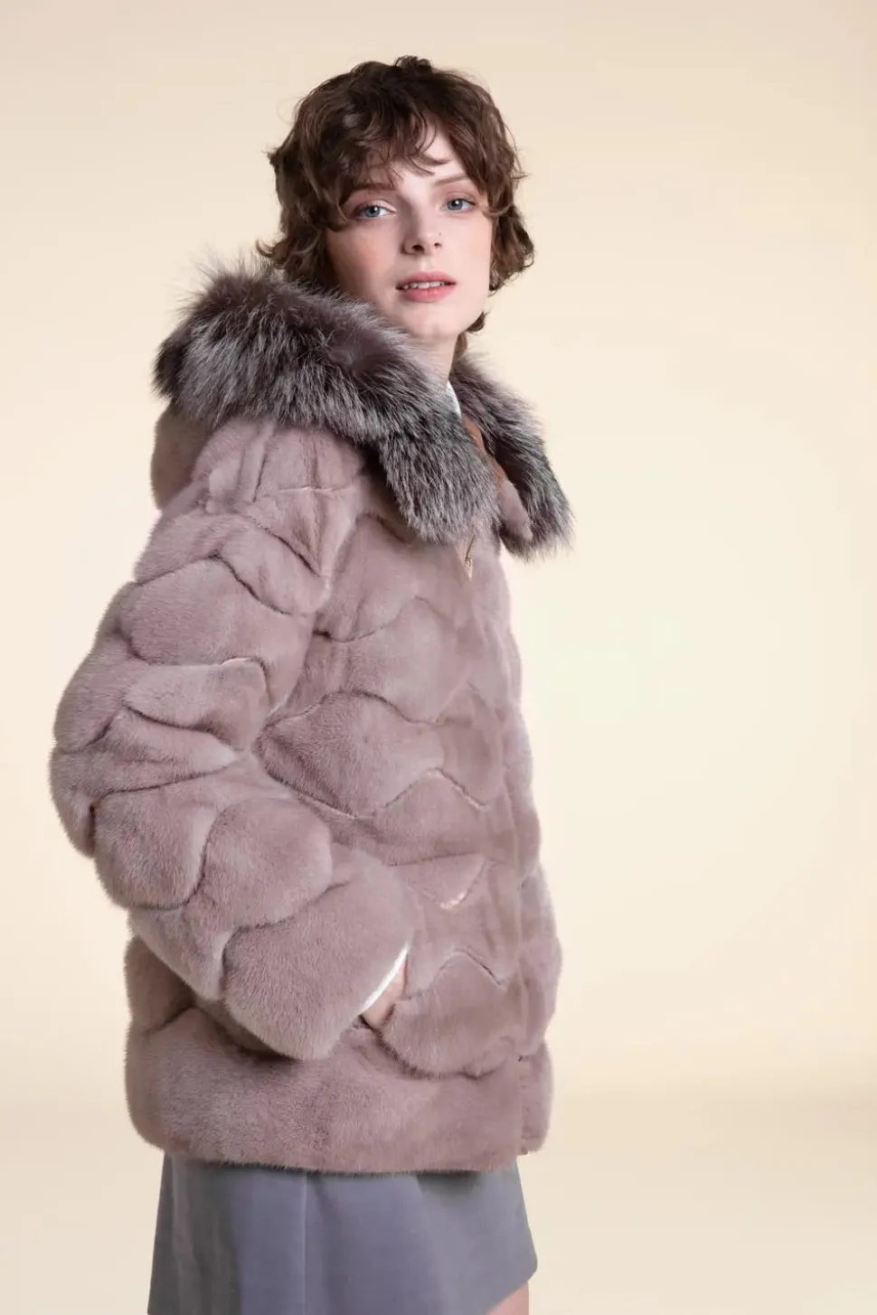 Fur mink jacket with fox fur hood