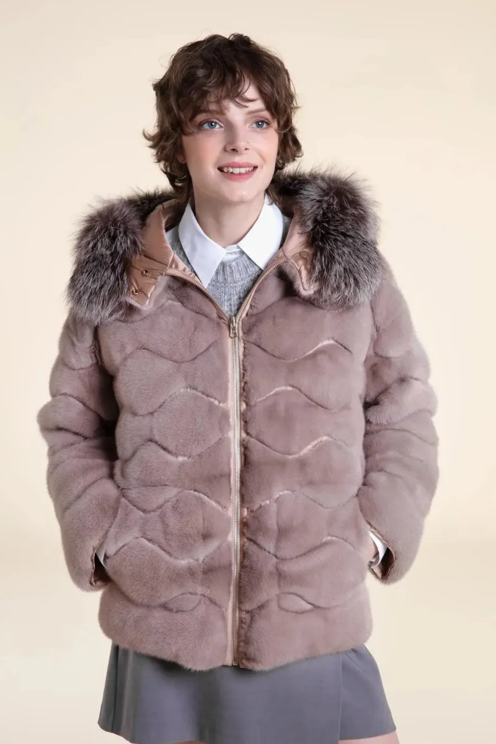 Fur mink jacket with fox fur hood