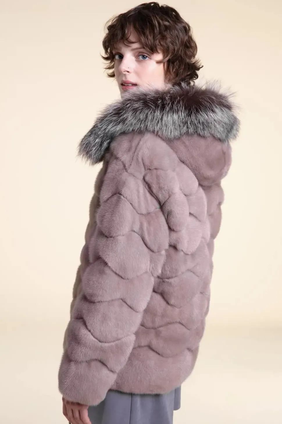 Fur mink jacket with fox fur hood