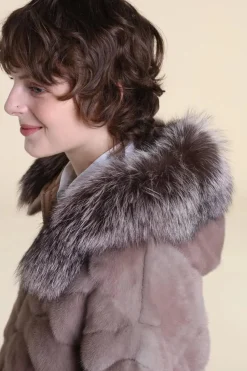 Fur mink jacket with fox fur hood