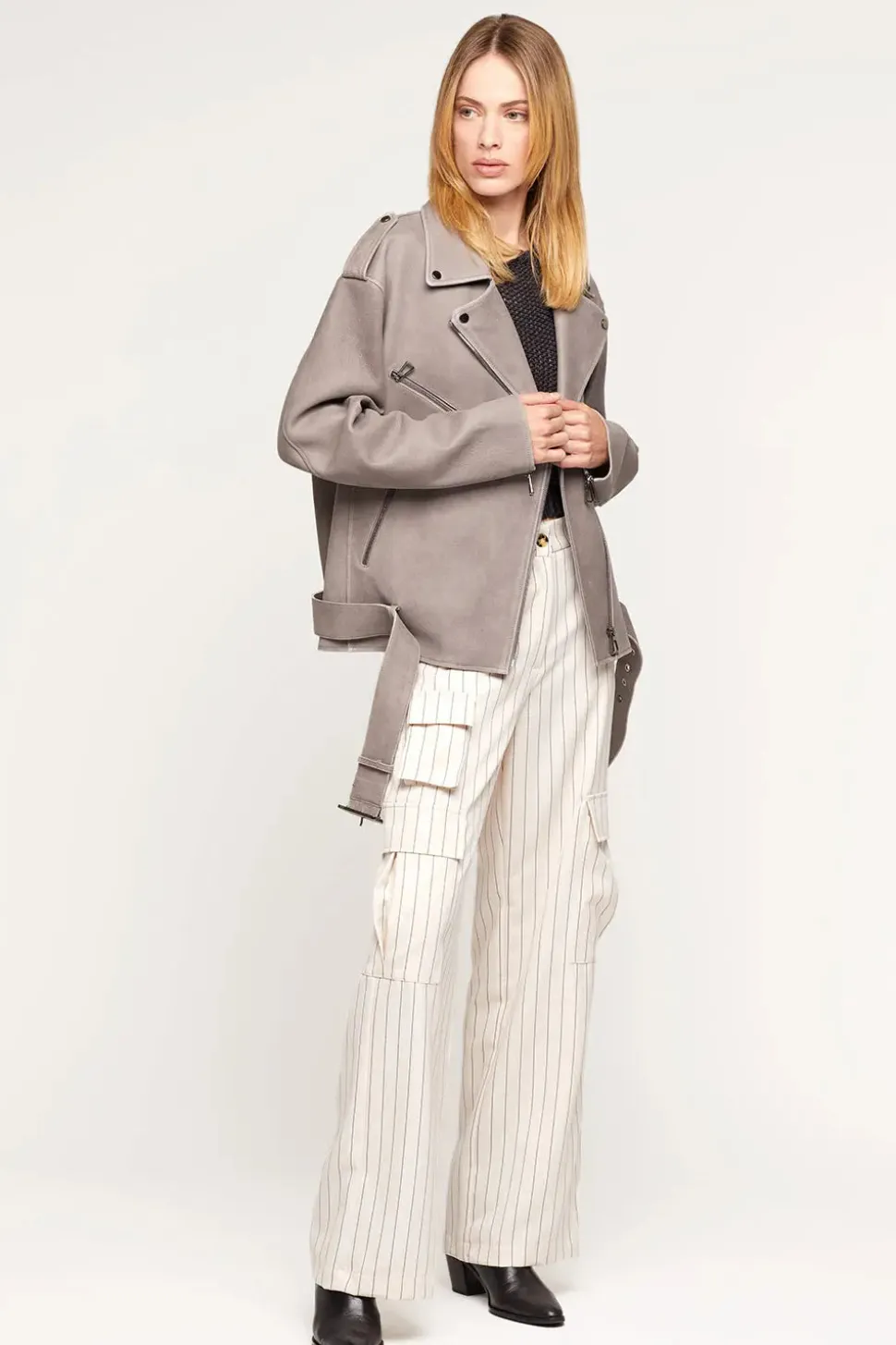 Grey leather biker jacket women