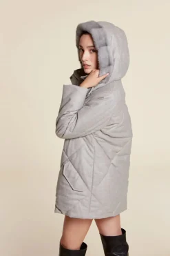 Grey puffer jacket with fur hood
