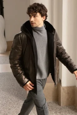 Leather down jacket mens