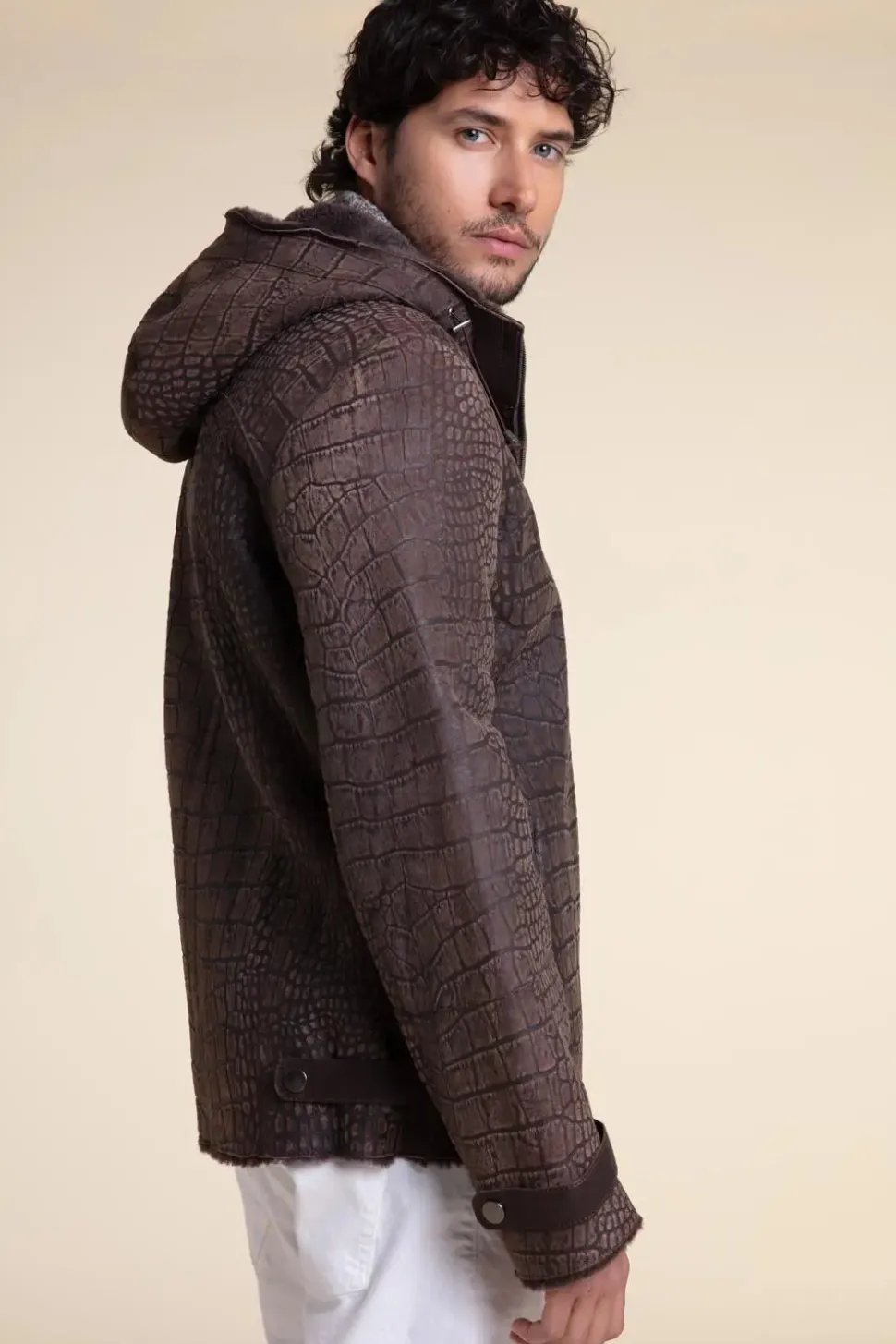 Men sheepskin jacket with hood
