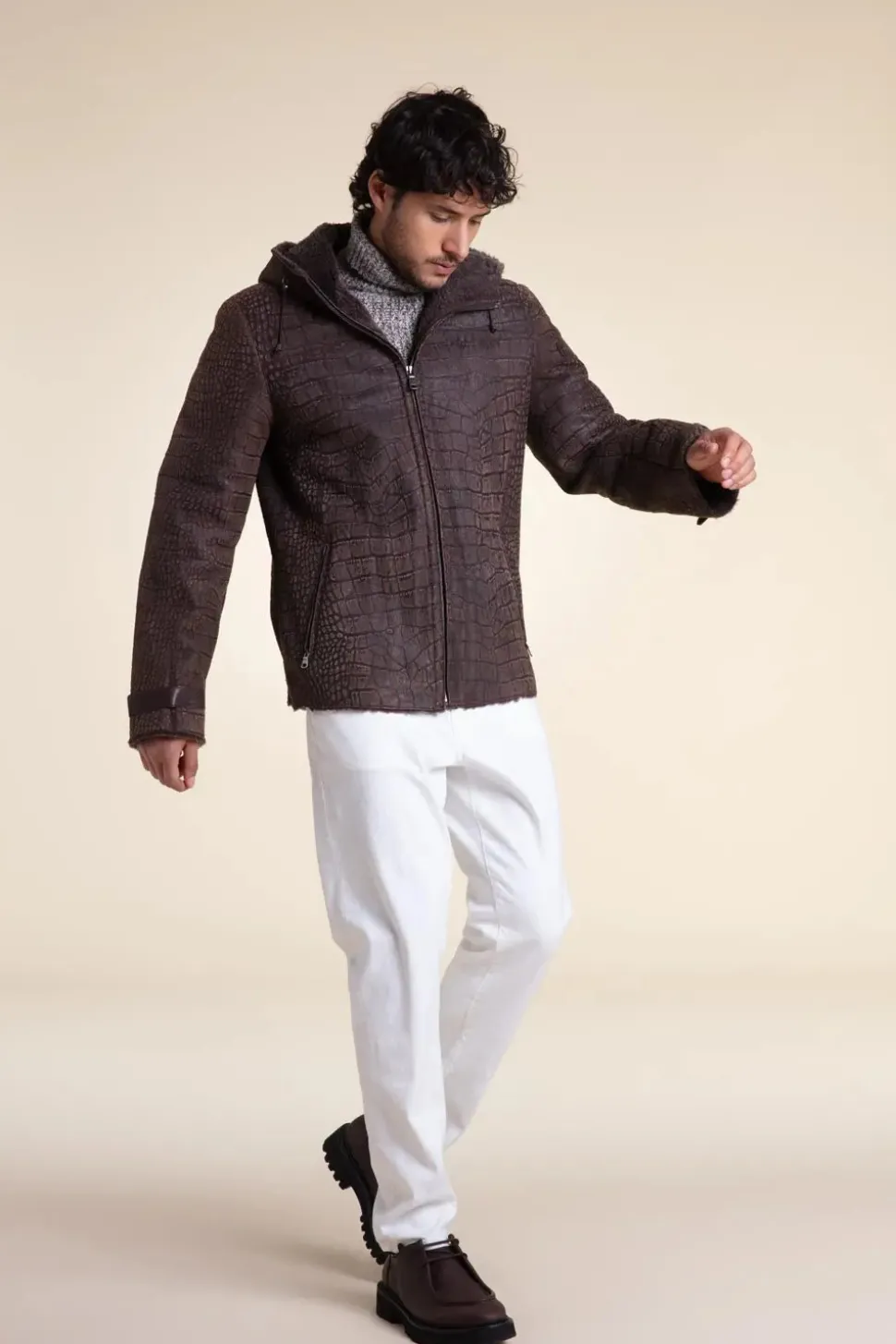 Men sheepskin jacket with hood