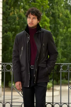 Mens black coat with fur collar
