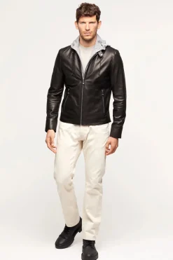 Mens black leather jacket with hood