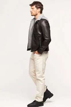 Mens black leather jacket with hood