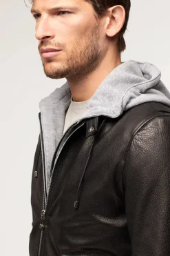 Mens black leather jacket with hood
