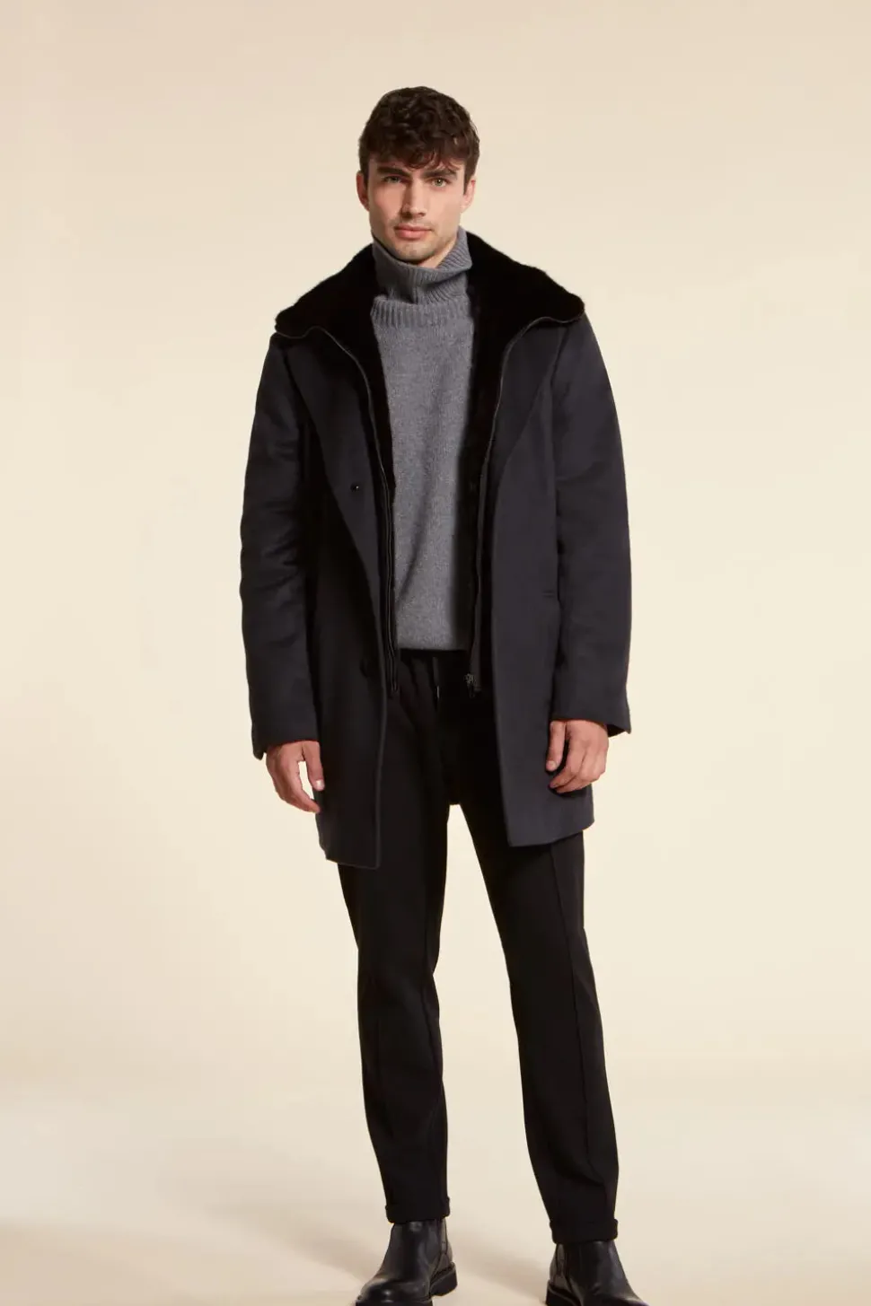 Mens cashmere coat with mink