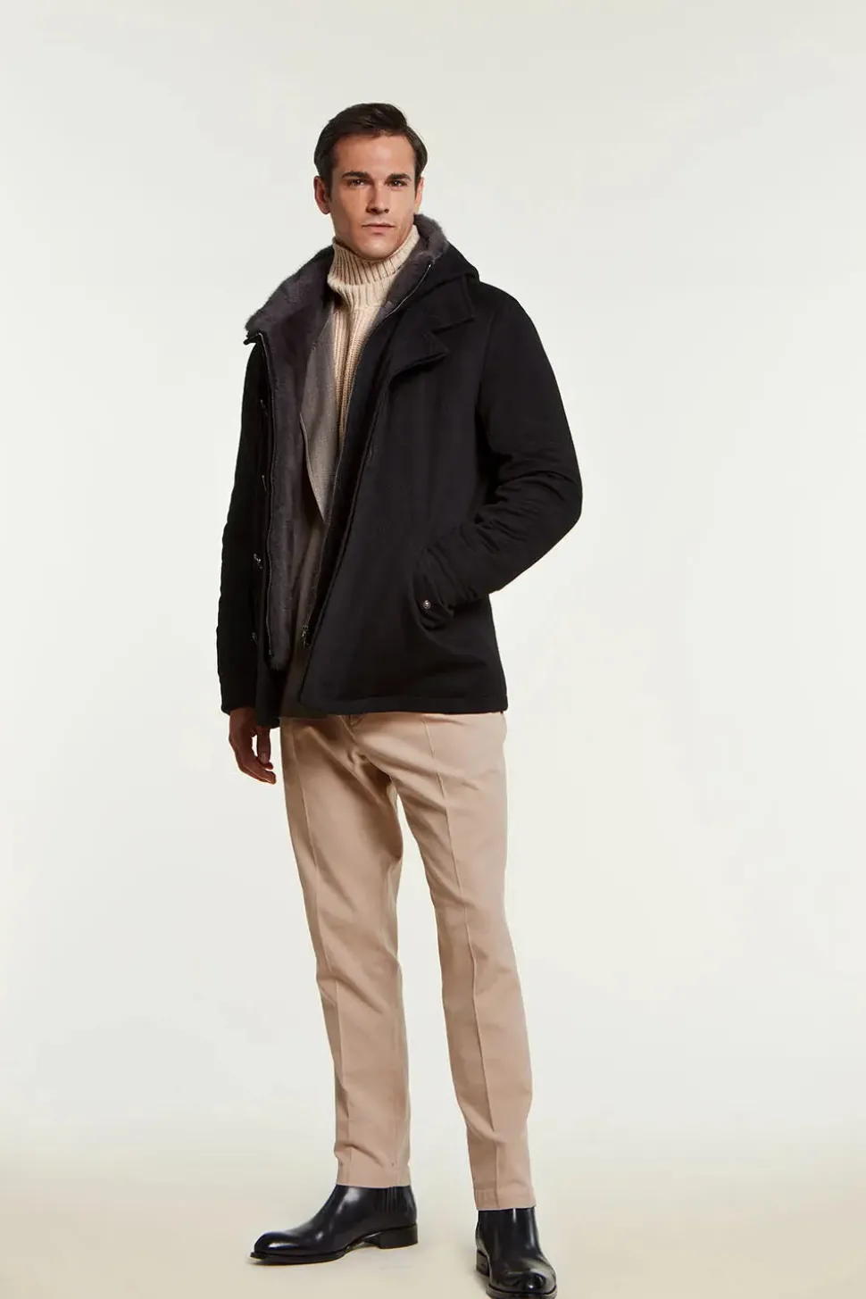 Mens coat with fur hood