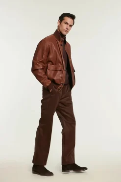 Mens cognac leather bomber jacket