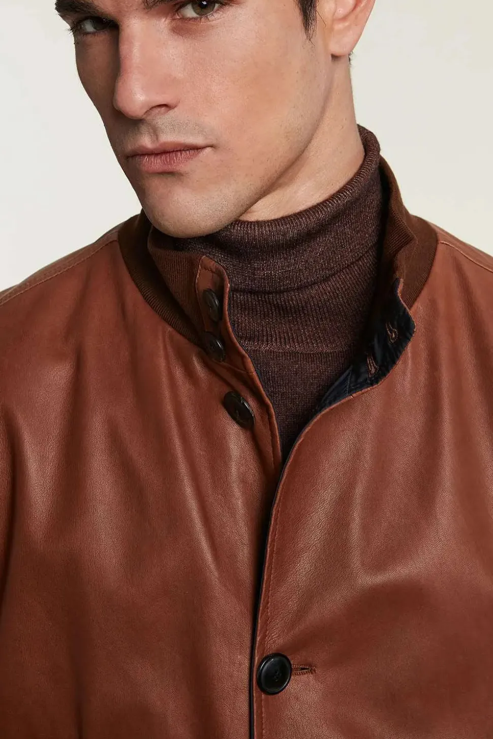 Mens cognac leather bomber jacket