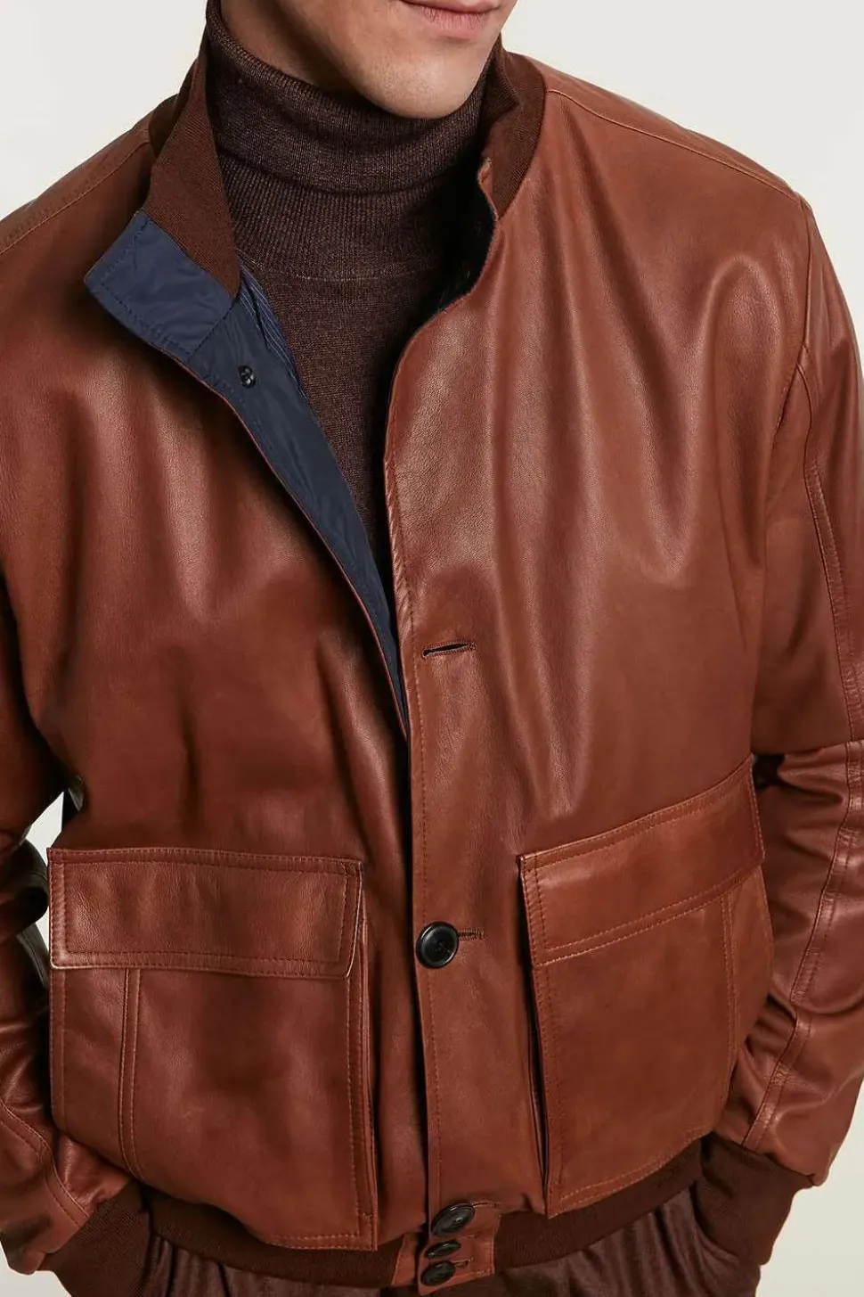 Mens cognac leather bomber jacket