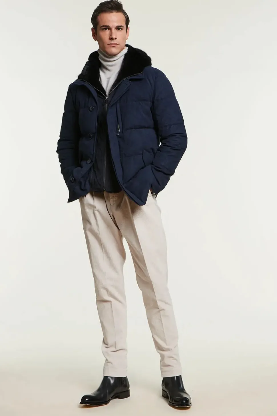 Mens down coat with fur hood