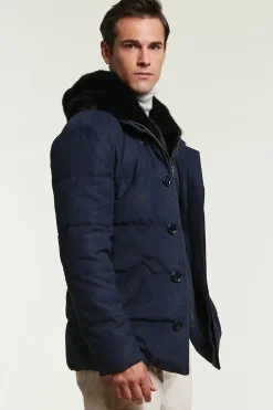 Mens down coat with fur hood