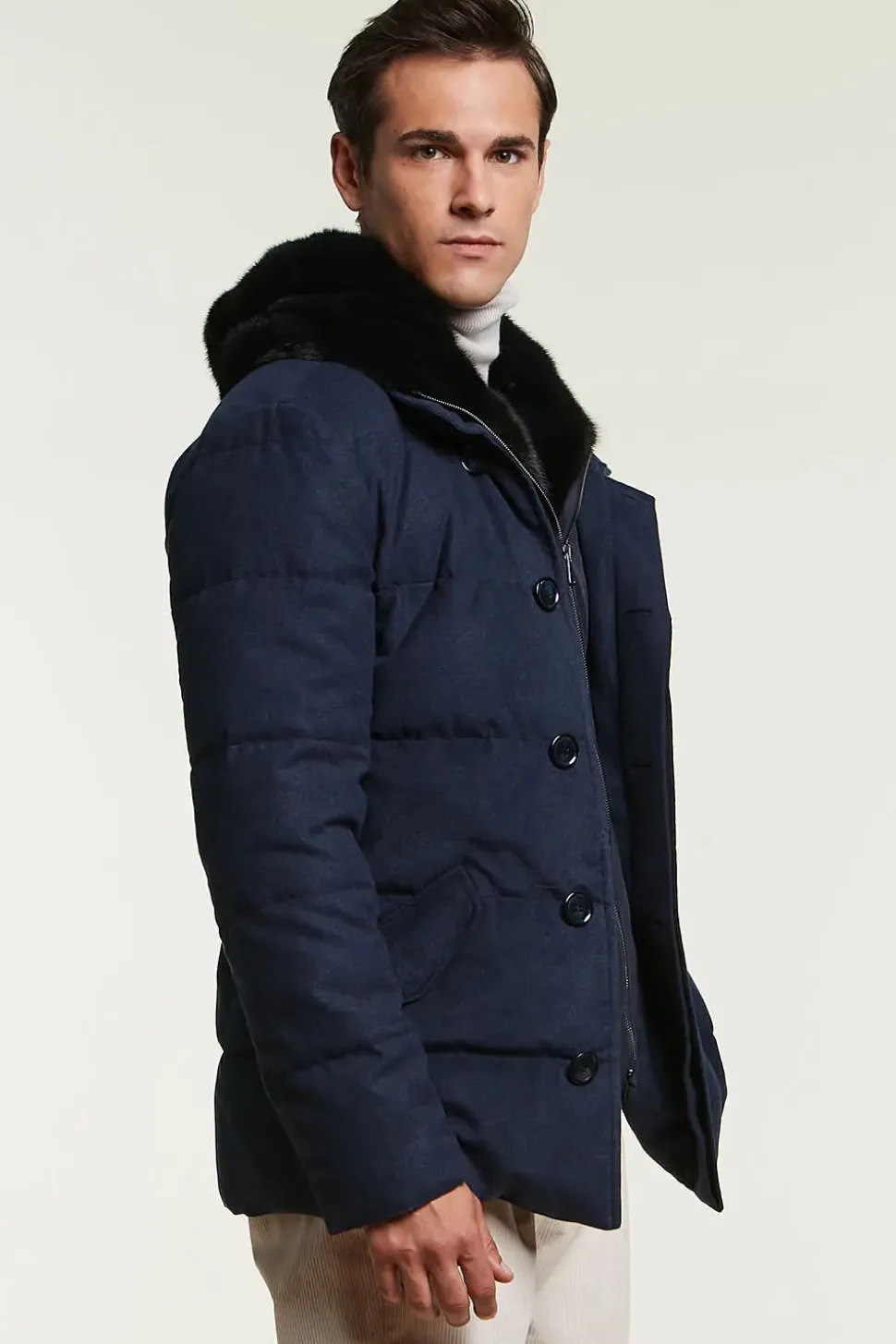 Mens down coat with fur hood