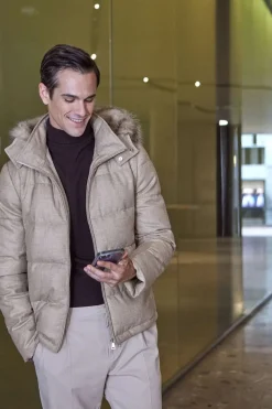 Mens down jacket with fur hood