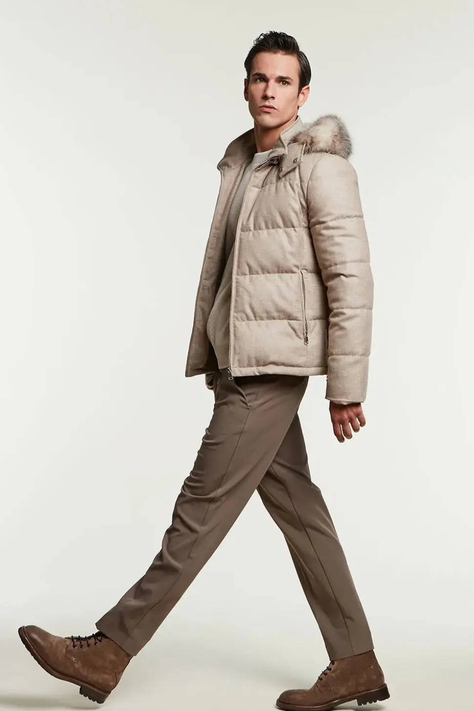 Mens down jacket with fur hood