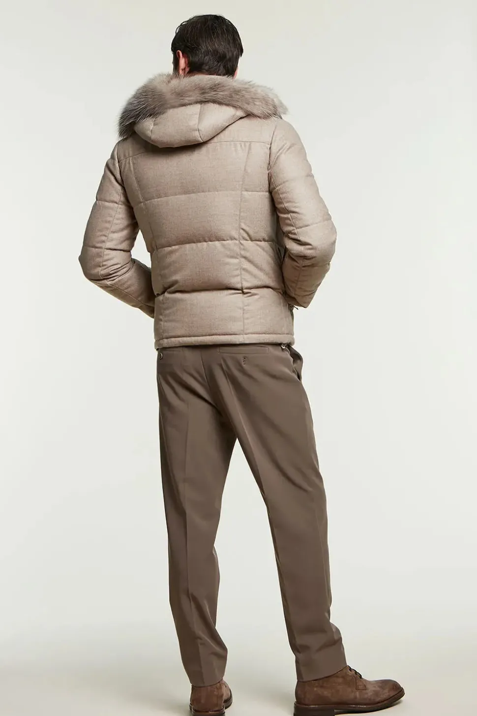 Mens down jacket with fur hood