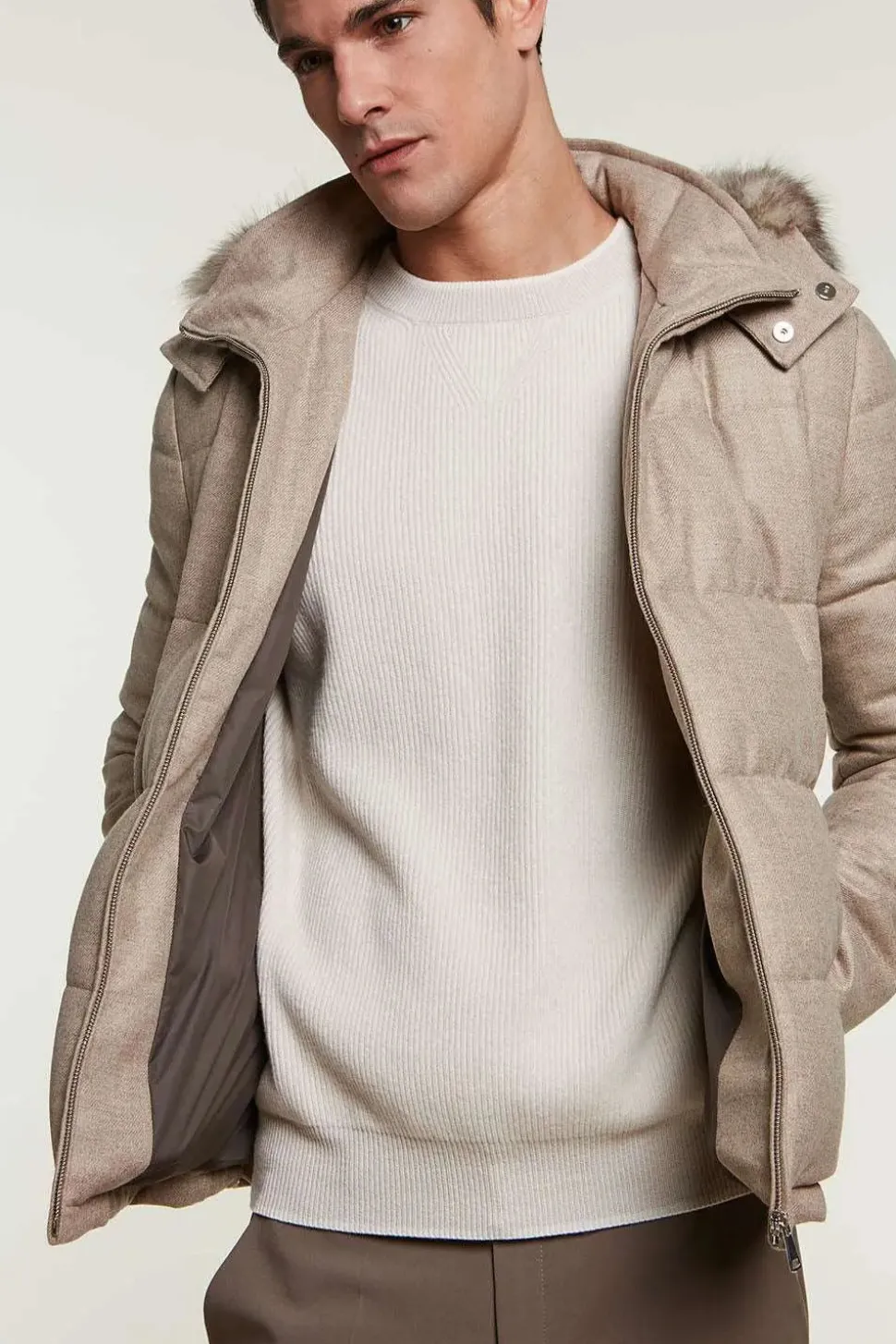 Mens down jacket with fur hood