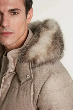 Mens down jacket with fur hood