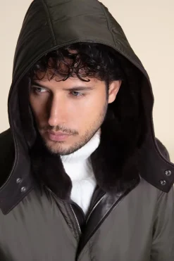 Mens green parka coats with fur hood