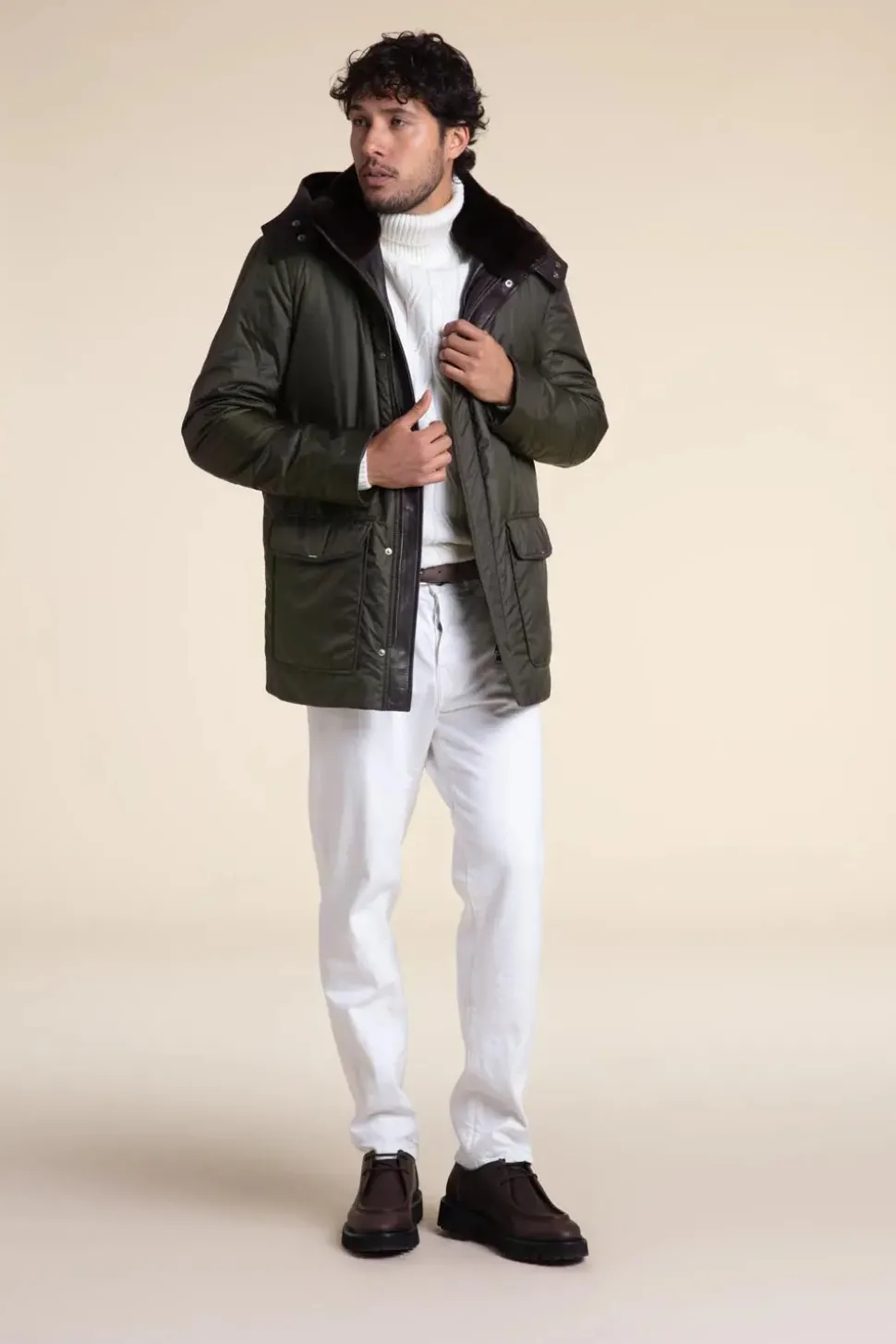 Mens green parka coats with fur hood