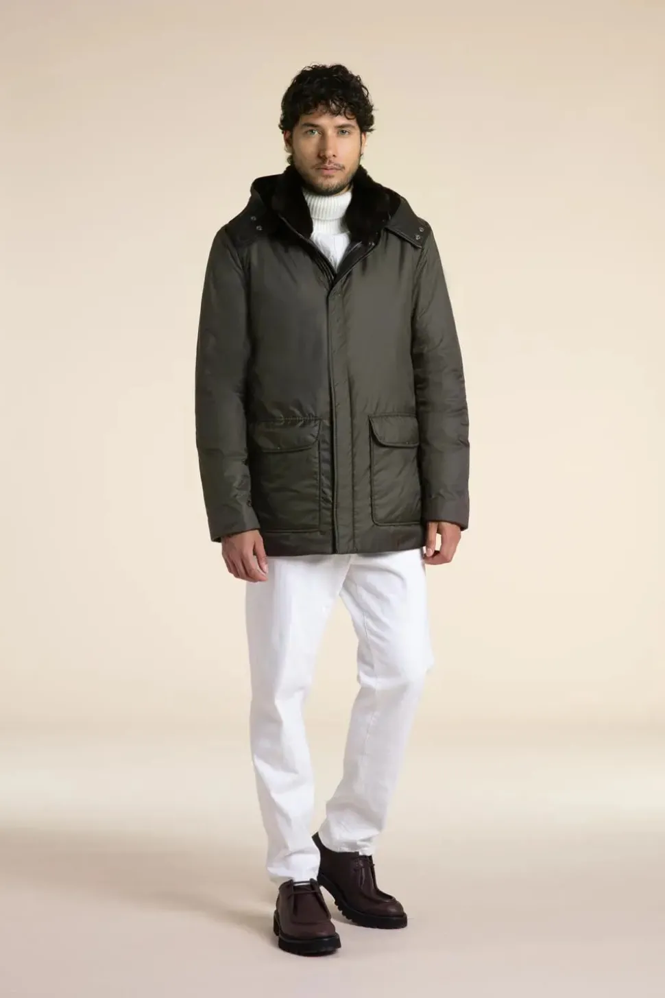 Mens green parka coats with fur hood