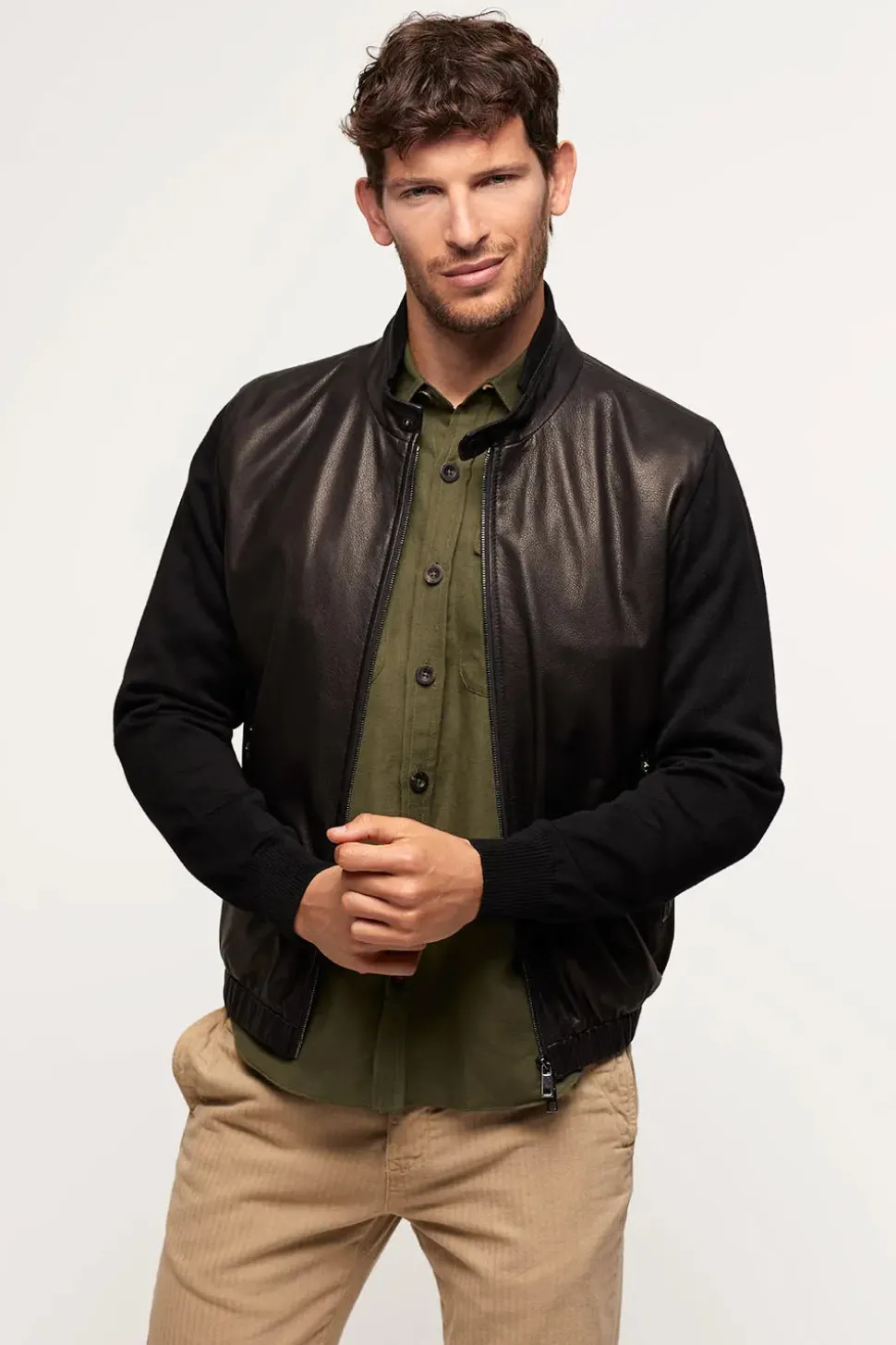 Mens leather jacket with textile sleeves