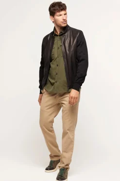 Mens leather jacket with textile sleeves