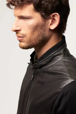 Mens leather jacket with textile sleeves