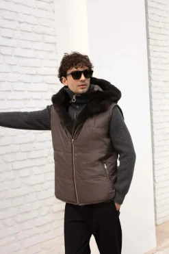 Mens mink vest with hood
