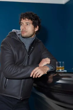 Mens shearling jacket with hood