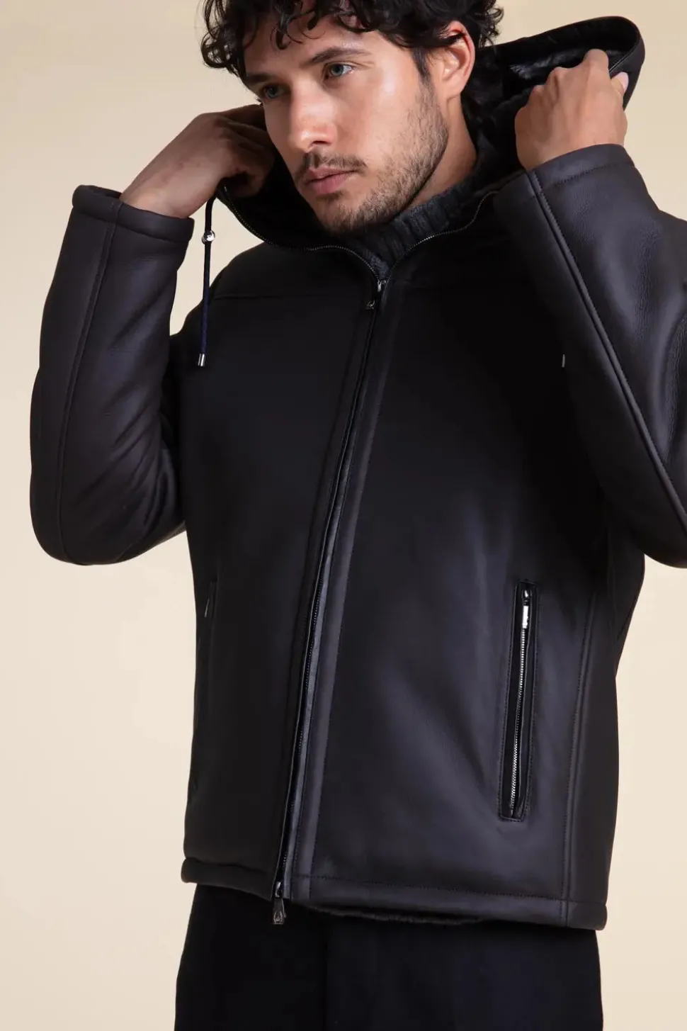 Mens shearling jacket with hood