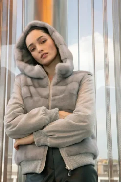 Mink bomber jacket with hood