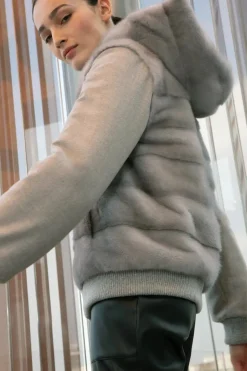 Mink bomber jacket with hood