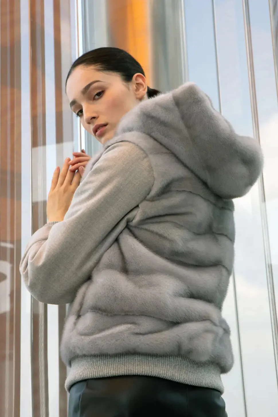 Mink bomber jacket with hood
